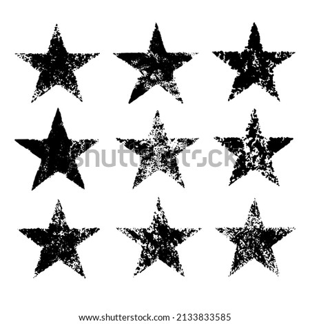 Set of Vector Nine Paint Stars. Different Grunge Black Imprints. Vintage Elements. Isolated on White Background. 
