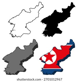 Vector Coloque la bandera de Corea del Norte en el ícono del mapa. Detallada silueta del mapa de Corea del Norte. Ilustración de Plantilla de diseño de símbolo de mapa isométrico 3D de Corea del Norte
