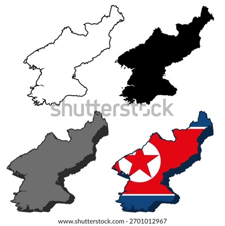 set vector north korea flag in map icon. Detailed north koreamap silhouette. 3D isometric north korea map symbol design template illustration