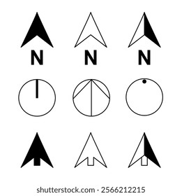 Set of vector north symbols. Black and white line symbols.
