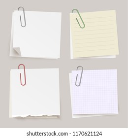 Set of vector note papers with paper clips, on transparent background.