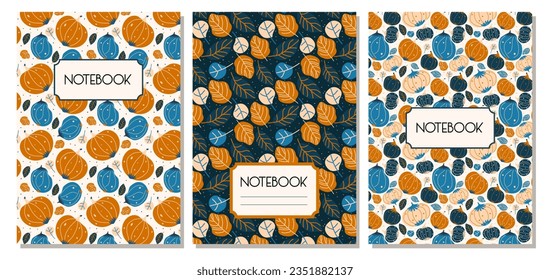 set of vector notebook covers with fall theme with illustrations of pumpkins and leaves in orange and blue shades 