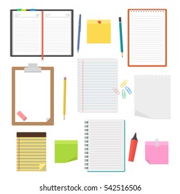 Set of vector notebooks, diaries and sheets of paper to take notes, to-do lists, plans and drawing up the agenda. Collection of office supplies in a flat style isolated from the background.  