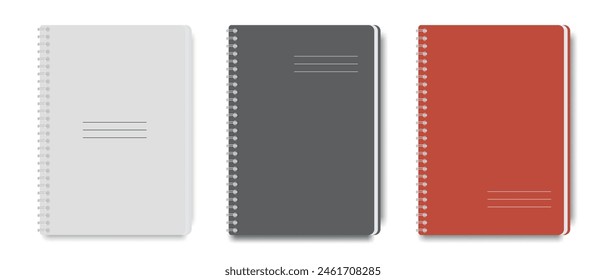 Set of vector notepads with metal spiral. White, black, red notepad design for business and school. Stationery items. Education concept.