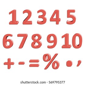 Set of vector numbers from 1 to 0. Eps 10 Mathematical figures with the effect of 3D volume Vector illustration Red color Threedimensional and Three-dimensional object 3-dimensional signs 