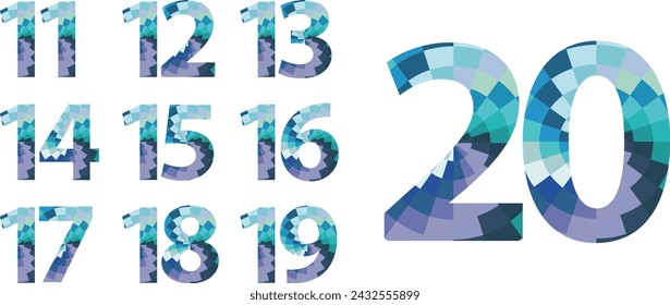set of vector numbers 11,12,13,14,15,16,17,18,19 and 20 with small square blue monochrome inside. blue monochrome color numbers vector illustration.