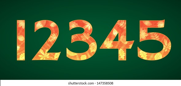 Set of vector numbers 12345 with autumn leaves