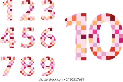 set of vector numbers 1,2,3,4,5,6,7,8,9 and 10 with small pink monochrome inside. pastel color numbers vector illustration.