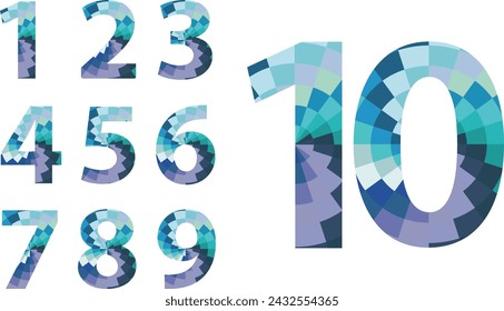 set of vector numbers 1,2,3,4,5,6,7,8,9 and 10 with small square blue monochrome inside. blue monochrome color numbers vector illustration.