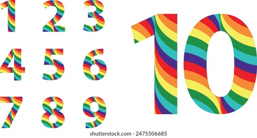 set of vector numbers 1,2,3,4,5,6,7,8,9 and 10 with many pride color inside. set of vector numbers vector illustration.