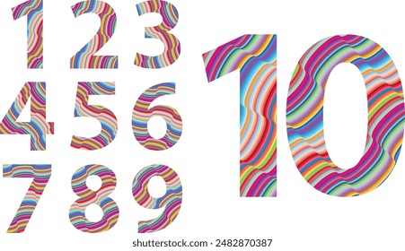 Satz der Vektorgrafiken-Nummern 1,2,3,4,5,6,7,8,9 und 10 mit vielen Farben im Inneren. Satz der Vektorgrafiken-Nummern Vektorillustration.