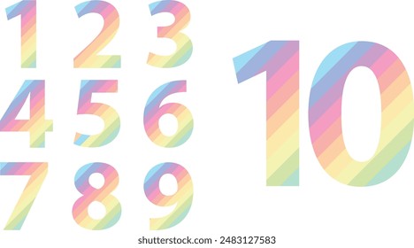 set of vector numbers 1,2,3,4,5,6,7,8,9 and 10 with many pastel color inside. set of vector numbers vector illustration.