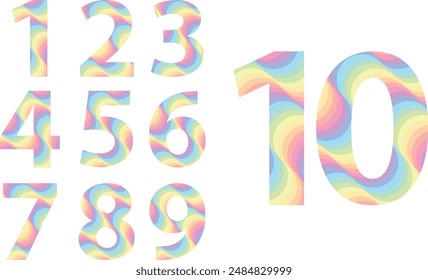 set of vector numbers 1,2,3,4,5,6,7,8,9 and 10 with many rainbow color inside. set of numbers vector illustration.