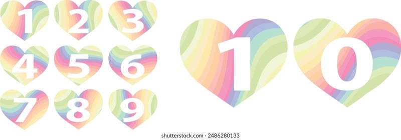 set of vector numbers 1,2,3,4,5,6,7,8,9 and 10 in rainbow color heart. set of numbers vector illustration.