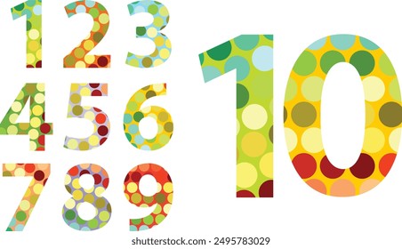 set of vector numbers 1,2,3,4,5,6,7,8,9 and 10 with many circle color inside, set of numbers vector illustration.