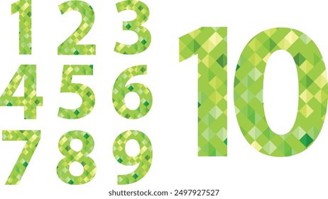 set of vector numbers 1,2,3,4,5,6,7,8,9 and 10 with green monochrome color inside, set of numbers vector illustration.
