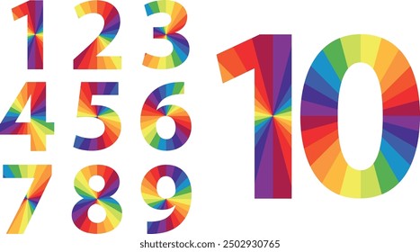 set of vector numbers 1,2,3,4,5,6,7,8,9 and 10 with twelve color wheel inside, set of numbers vector illustration.