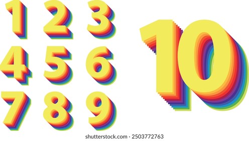 set of vector numbers 1,2,3,4,5,6,7,8,9 and 10 with shadow of twelve color wheel, set of numbers vector illustration.