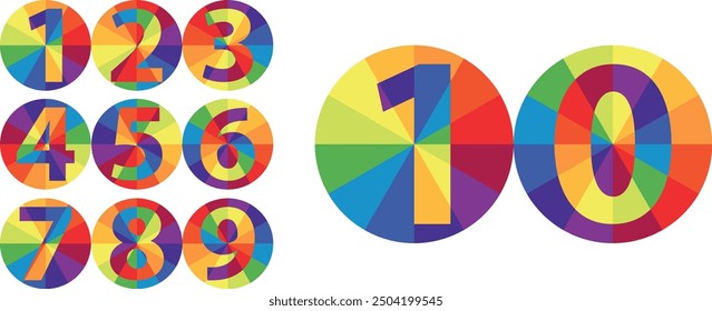 set of vector numbers 1,2,3,4,5,6,7,8,9 and 10 with circle shape many color inside, set of numbers vector illustration.