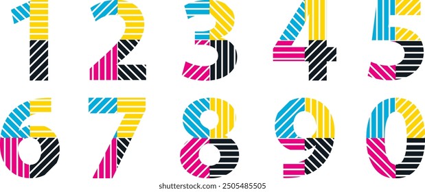 set of vector numbers 1,2,3,4,5,6,7,8,9 and 10 with diagonal stripes many color inside, set of numbers vector illustration.