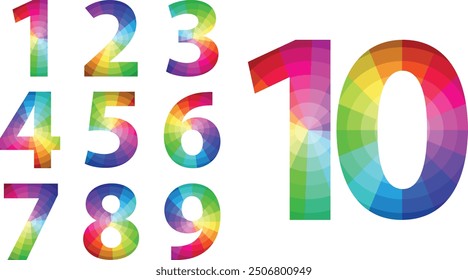 set of vector numbers 1,2,3,4,5,6,7,8,9 and 10 with many cool and warm color inside, set of numbers vector illustration.