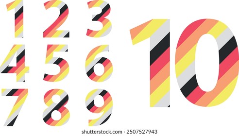 set of vector numbers 1,2,3,4,5,6,7,8,9 and 10 with many diagonal stripes color inside, set of numbers vector illustration.