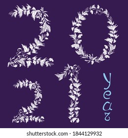 A set of vector numbers 2021 decorated in the style of ice patterns, natural plants, twigs and leaves. Festive vector illustration of hand-drawn elements for design of cards, gift bags, banners