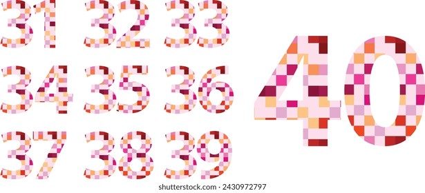 set of vector numbers 31,32,33,34,35,36,37,38,39 and 40 with small pink monochrome inside. pastel color numbers vector illustration.