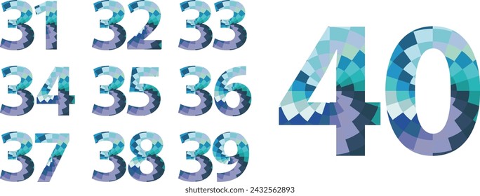 set of vector numbers 31,32,33,34,35,36,37,38,39 and 40 with small square blue monochrome inside. blue monochrome color numbers vector illustration.