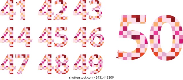 set of vector numbers 41,42,43,44,45,46,47,48,49 and 50 with small pink monochrome inside. pastel color numbers vector illustration.