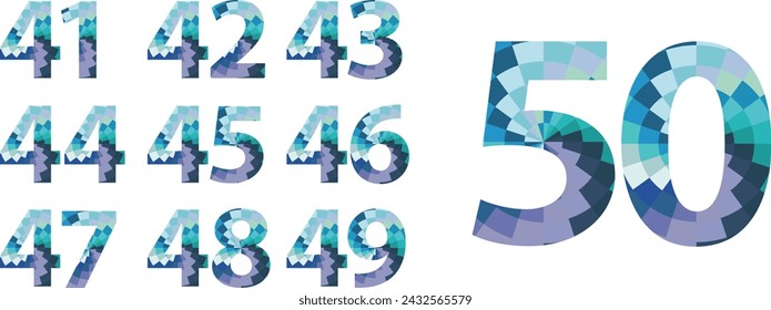 set of vector numbers 41,42,43,44,45,46,47,48,49 and 50 with small square blue monochrome inside. blue monochrome color numbers vector illustration.