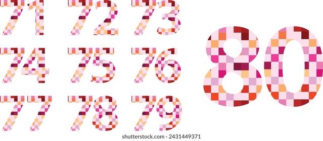 set of vector numbers 71,72,73,74,75,76,77,78,79 and 80 with small pink monochrome inside. pastel color numbers vector illustration.