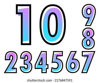 Set of vector numbers with blue-purple gradient color and black outline. Illustration