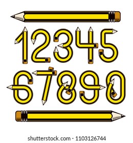 Set of vector numbers constructed with sharp pencils, office tools design, can be used for logo creation in engineering or construction business.