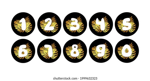 Set of vector numbers with gold tropical leaves. Silhouette botanical numbers with shadow in the black circle isolated on white background. Vector illustration.