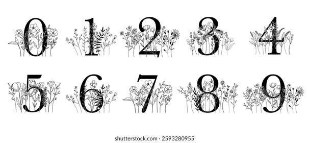 Set of vector numbers with hand drawn line wildflowers, botanical spring-summer wedding design