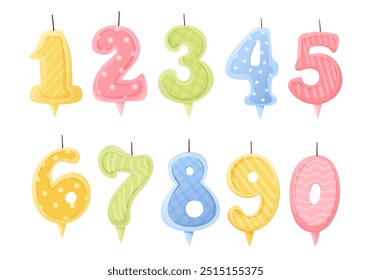 Set of vector numbers of holiday candles for cake. Candle numbers in flat vector style for greeting cards, social media invitations. 1, 2, 3, 4, 5, 6, 7, 8, 9, 0. Birthday, dates