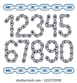 Set of vector numbers isolated. Trendy numerals can be used in poster design. Made with iron chain, linked connection.