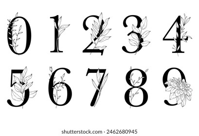 Set of vector numbers with line art leaves and branches	