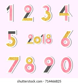 Set of vector numbers in watercolor pink and glittering golden colors.