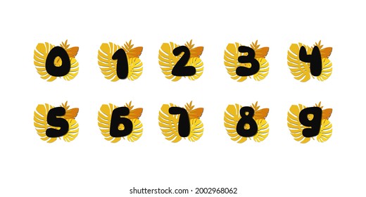 Conjunto de números vectoriales con hojas tropicales amarillas. Números botánicos de silueta con sombra aislada sobre fondo blanco. Ilustración vectorial.