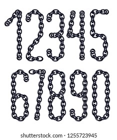 Set of vector numerals from 0 to 9. Elegant numbers for use as poster design elements. Made with iron chain, linked connection.
