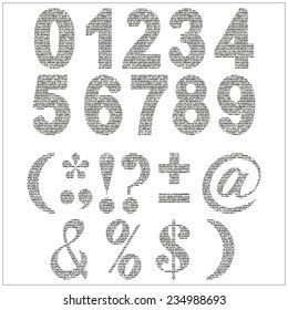 Set of vector numerals. Gray numbers and punctuation marks on white background.