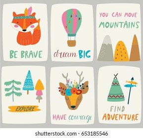 Set of vector nursery posters with cute fox, deer, air balloon, mountains, forest trees in cartoon style