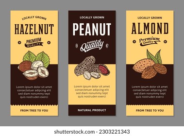 Conjunto de banners de nueces vectoriales. Ilustraciones de almendros, cacahuetes y avellanas