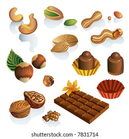 Set of vector nuts and chocolate sweets