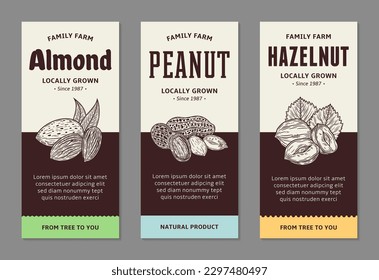 Set of vector nuts food label template, nuts packaging design