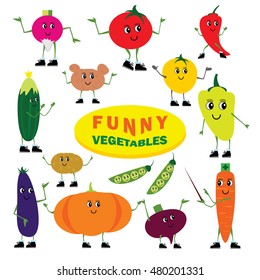 Set of vector object. Funny cartoon vegetables, cheerful men