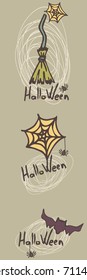 set vector object on the theme of Halloween. Images broomstick, cobwebs and bats. Holiday in October. It can be used for packaging, invitations, greeting cards, etc.