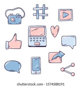 Set of vector objects of blog, vlog or website - Icons of share, like, comment, play, hashtag, gadgets - Notebook, camera, smartphone - Hand drawn illustration, isolated objects